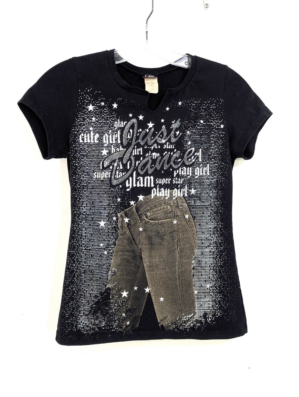 Cleo Casual Just Dance Notch Neck T-shirt - Size Large Girls Black Tee